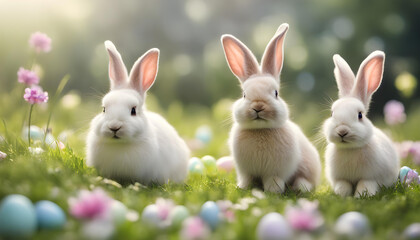 Obraz premium Cute Easter bunnies on a spring meadow