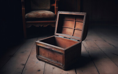 An ancient treasure chest in a dilapidated room filled with cobwebs, cobwebs,