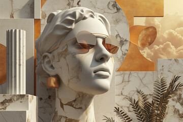 A sculpture with sunglasses on is surrounded by white stone style sculpture with sunglasses