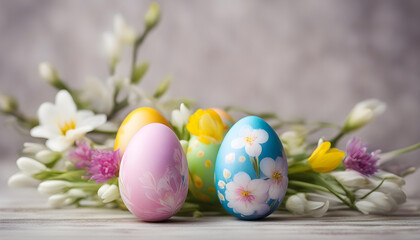 Fototapeta na wymiar Pretty Easter Eggs with Spring Flowers and Copy Space