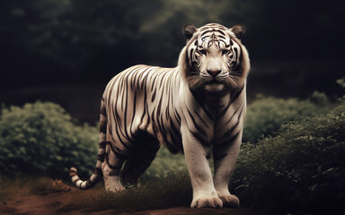 White tiger in the deep forest, rare animal, protected animal