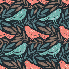 Hand drawn seamless pattern with decorative birds and branches Nature floral forest seamless pattern - 702854385