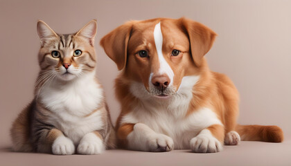 Cute animals banner with tabby cat and red dog sitting together
