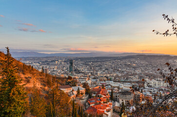 Tbilisi at sunrise panoramic view from Mtatsminda Mountain