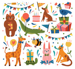 Cute kids holiday animals. Birthday party characters, funny fauna in caps, cartoon wildlife guests, childish gifts and toys, vector set.eps