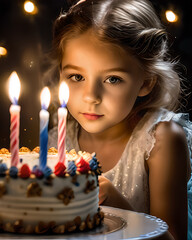Dziewczynka siedząca przed urodzinowym tortem. Przyjęcie urodzinowe, celebracja urodzin dziecka, portret urodzinowy - obrazy, fototapety, plakaty