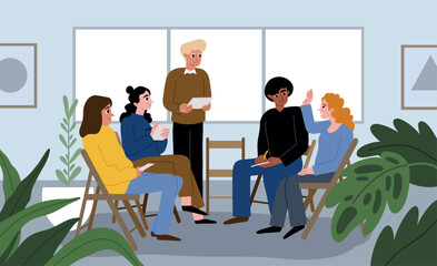 Group therapy session. Addictions treatment process, work of patients with psychologist, people sitting, mental problem, vector illustration.eps