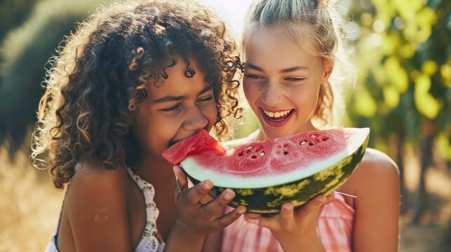 Close up portrait of two young girls enjoying a watermelon. Female friends eating a watermelon slice and laughing together.
