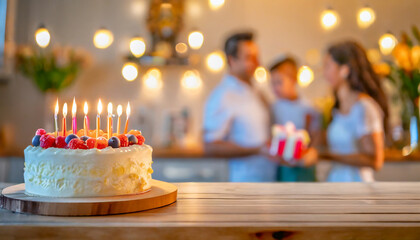 Tort urodzinowy ze świeczkami na drewnianym blacie. W tle rodzice dający dziecku prezent urodzinowy - obrazy, fototapety, plakaty
