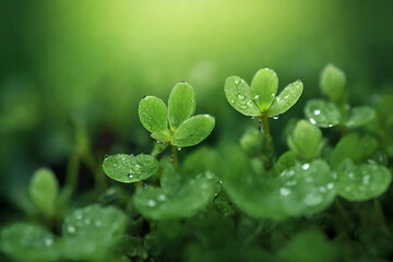 Green leaves with water drops, close-up. Nature background.