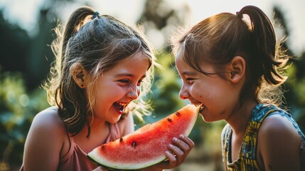 Close up portrait of two young girls enjoying a watermelon. Female friends eating a watermelon...