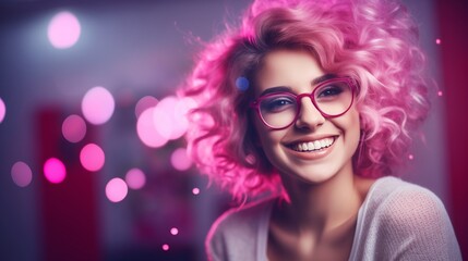 A happy woman with soft pink Valentine's Day effects and a background.