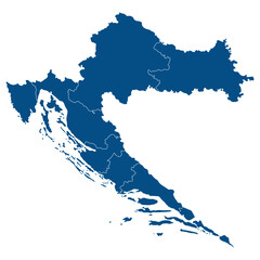 Croatia map. Map of Croatia in eight mains regions in blue color