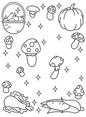 Autumn background, apples, pumpkins, mushrooms, corn. Autumn harvest. Background, coloring page. Black and white vector illustration.