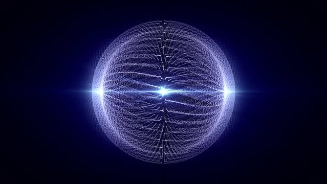 Seamless loop animation of rotating abstract energy sphere made of glowing hi-tech waves of white particles on a shining dark blue background , motion graphics , looped video , 4k , 60 fps