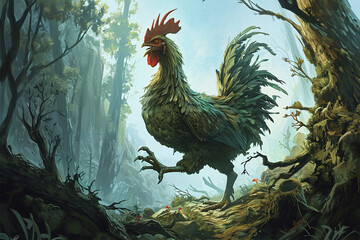 illustration of a giant chicken guarding the forest - obrazy, fototapety, plakaty