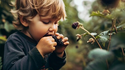 Close up toddler boy eating fresh blackberry