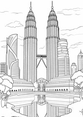 Coloring Pages of Petronas Twin Tower, Kuala lumpur Malaysia - obrazy, fototapety, plakaty