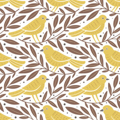 Hand drawn seamless pattern with decorative birds and branches Nature floral forest seamless pattern