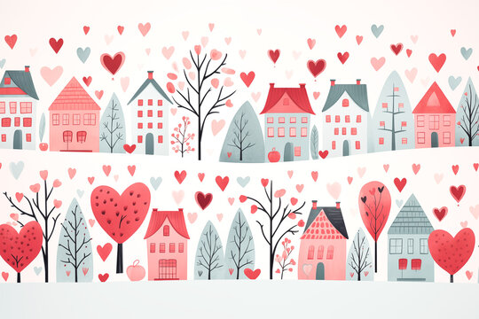 Cute watercolor houses with trees and hearts on white background, cozy holiday village card, scandinavian style illustration, artistic doodle.