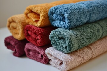 Obraz na płótnie Canvas Soft and Colorful Bathroom Towels Stack on White Background