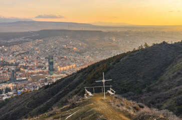 shrine on Mtatsminda mountain trail with Tbilisi scenic view