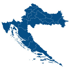 Croatia map. Map of Croatia in administrative provinces in blue color