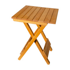 Wooden folding stool isolated on white background. Compact wooden furniture with a simple and minimalist design.