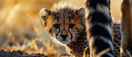 Cheetah cub peeks behind mom's tail.