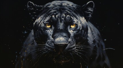 A painting of a black lion with yellow eyes