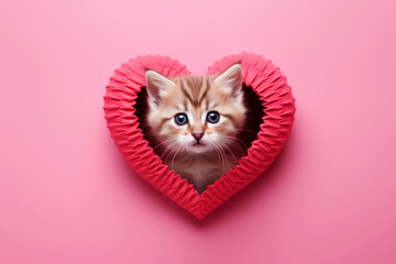 A cute and attractive kitten surrounded by a red heart on a pink background - obrazy, fototapety, plakaty