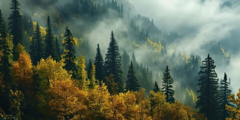 Land filled with pine trees, a lush rainforest shrouded in mist in autumn. - obrazy, fototapety, plakaty