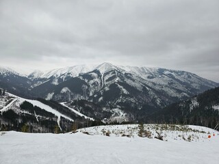 Fototapeta na wymiar Panoramic view of high tatras mountain range in Slovakia on a cloudy winter day