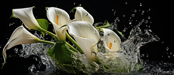 Elegant white calla lilies submerged in water splash.