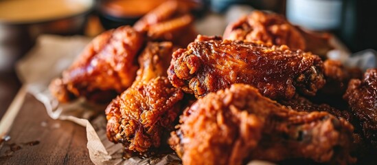 Junk food enthusiast indulging in fried chicken wings. - obrazy, fototapety, plakaty