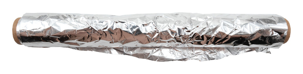 Roll of foil on a white background. Unrolled aluminum foil insulation