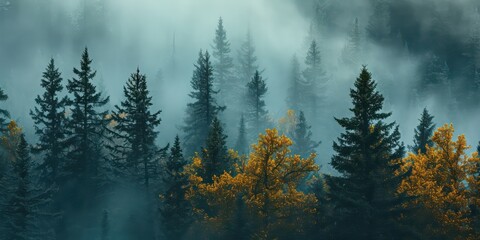 Land filled with pine trees, a lush rainforest shrouded in mist in autumn.