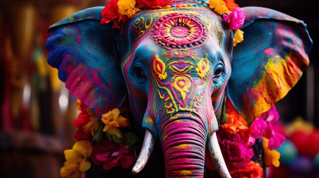 Decorated elephant with colorful ethnic image