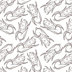 Corn cob maize seamless pattern in line art style. Corn doodle harvest wallpaper. Vector illustration on a white background.