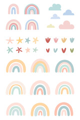 A collection of colorful minimalistic vector illustrations of rainbows, clouds and starfish in pastel tones, perfect for children's themes and creative designs.