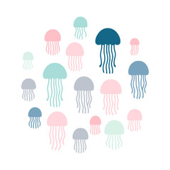 Vector drawing with multi-colored jellyfish in pastel shades placed on a white background.