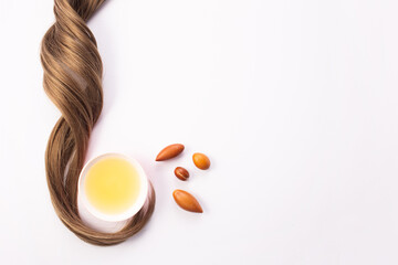 Hairloss concept. Argan seeds, oil and hair isolated on a white background