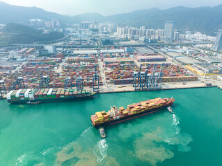 Aerial view of Manufacturing logistics cargo container ship at ship port in Yantian port, shenzhen city, China.export import business logistic international. - obrazy, fototapety, plakaty