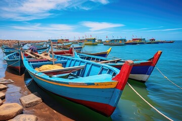 Fototapeta na wymiar A traditional fishing village with colorful boats lined up along the shore