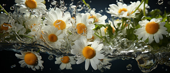 Fototapeta na wymiar Vibrant lemon slices and chamomile flowers captured in a refreshing splash of water.