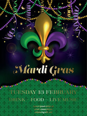 mardi gras poster. mardi gras background with tricolor lily, pearls and streamers © Angelica