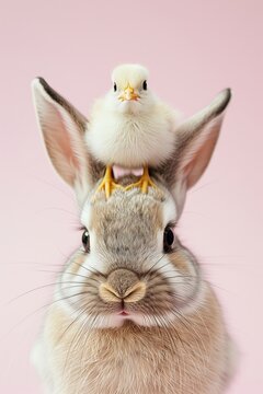 Cute bunny with a chicken on his head, Easter mood, on pink background