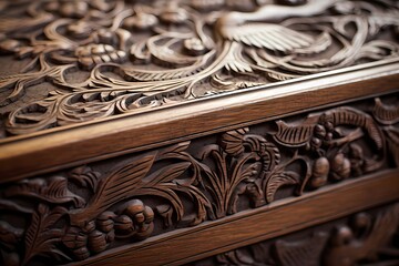 A close-up of intricate woodcarvings on a vintage chest, telling stories of craftsmanship and history.