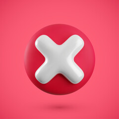 Obraz premium Vector realistic 3d red cross x banner. Trendy plastic wrong red check mark, delete sign on red background. No vote button. 3d render not approved symbol, error, failed sign for web, app, design.