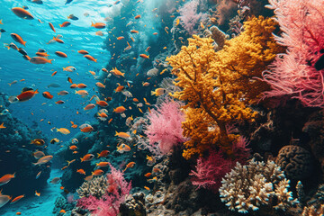 Naklejka na ściany i meble colorful tropical fishes swimming among coral reef